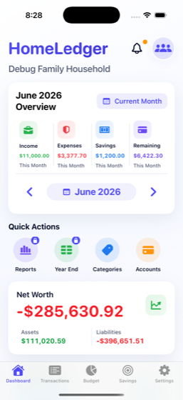 HomeLedger Dashboard showing monthly overview and net worth