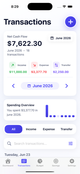 HomeLedger Transactions list with cash-flow summary