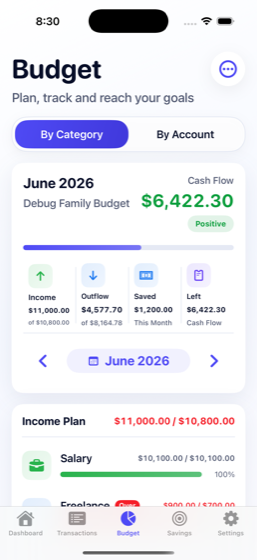HomeLedger Budget plan vs actual by category